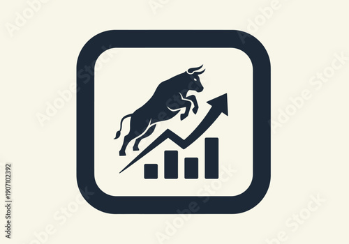 Simple flat vector app icon of bull market symbol, solid bull silhouette with upward chart arrow