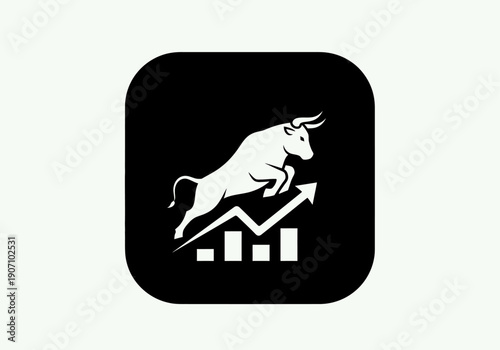 Simple flat vector app icon of bull market symbol, solid bull silhouette with upward chart arrow