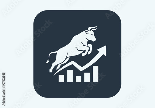 Simple flat vector app icon of bull market symbol, solid bull silhouette with upward chart arrow