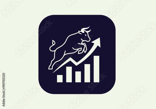 Simple flat vector app icon of bull market symbol, solid bull silhouette with upward chart arrow