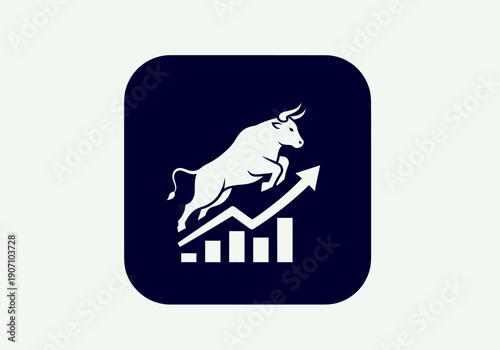 Simple flat vector app icon of bull market symbol, solid bull silhouette with upward chart arrow