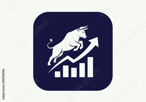 Simple flat vector app icon of bull market symbol, solid bull silhouette with upward chart arrow