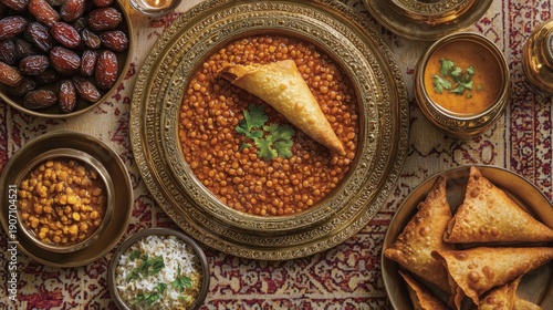 Delicious lentil dish served with samosas and dates