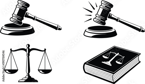 Black and white law and justice icon set featuring judge’s gavel, balanced scales, and legal book for courtroom, legal education, and judicial design graphics
