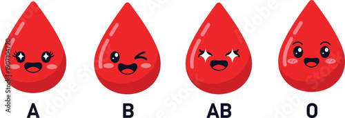 Cute Blood Type Drop Characters A B AB O Flat Vector Illustration Isolated on White Background