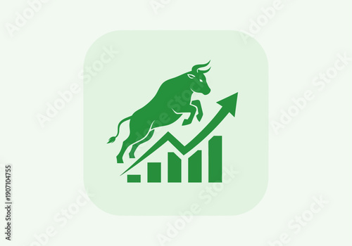 Simple flat vector app icon of bull market symbol, solid bull silhouette with upward chart arrow