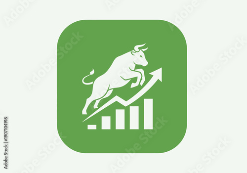Simple flat vector app icon of bull market symbol, solid bull silhouette with upward chart arrow