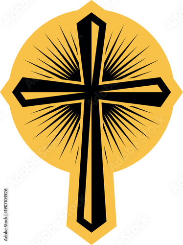Cross with yellow shining. Sunlight pray spiritual sign