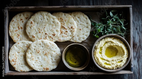 Flatbreads Hummus Olive Oil And Herbs In Wooden Tray