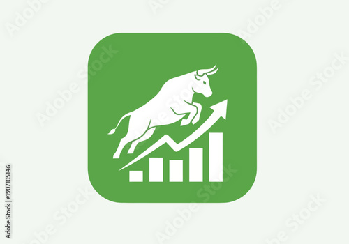 Simple flat vector app icon of bull market symbol, solid bull silhouette with upward chart arrow
