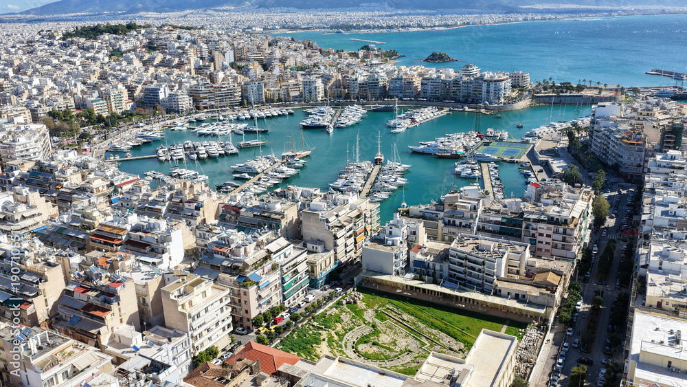 Naklejka premium Aerial drone photo of archaeological museum of Piraeus and ancient theatre in small marina of Zea, Piraeus, Attica, Greece