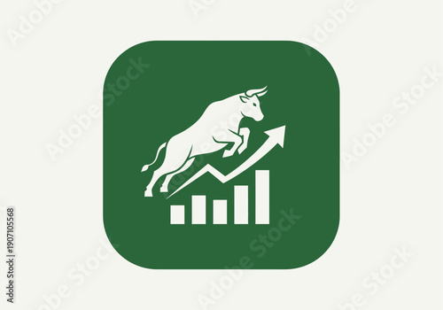 Simple flat vector app icon of bull market symbol, solid bull silhouette with upward chart arrow