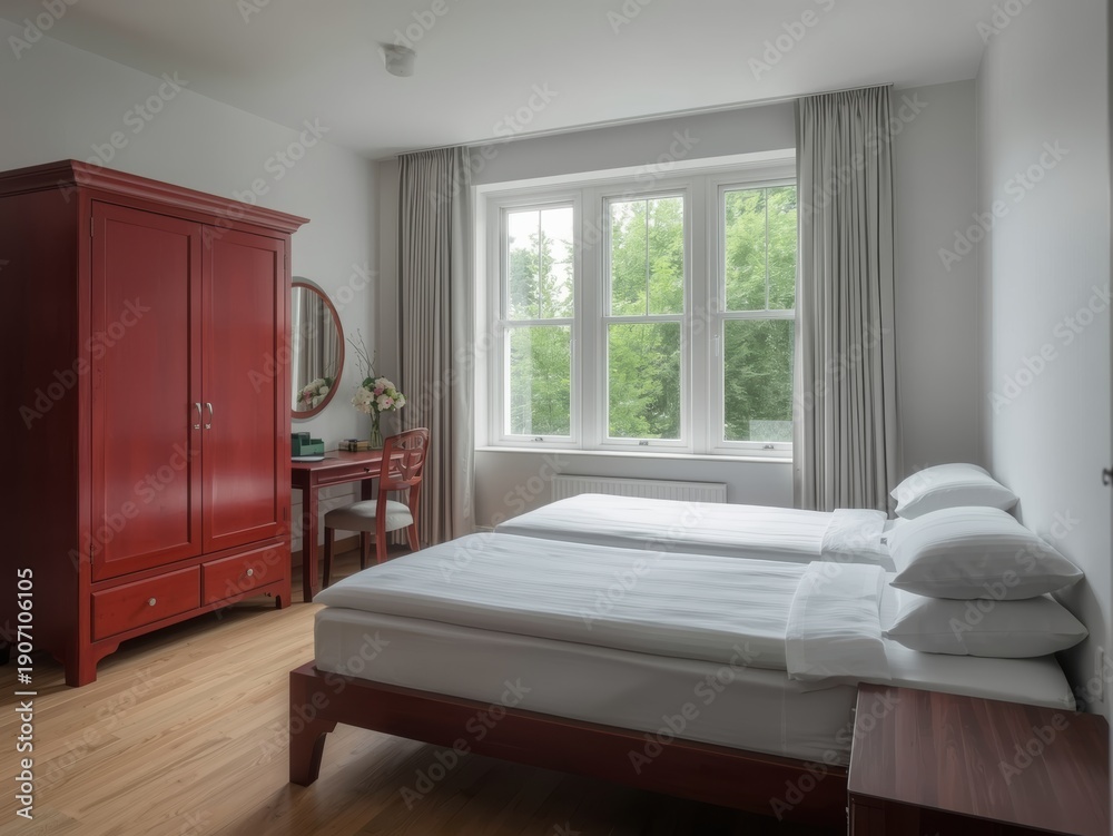 Fototapeta premium Cozy bedroom with large windows and a red wardrobe by the bed