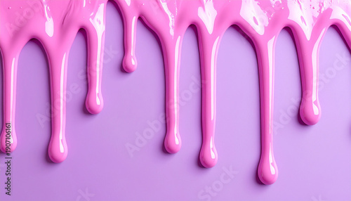 Thick pink paint drips flowing vertically across clean purple surface, glossy wet texture, abstract minimalist