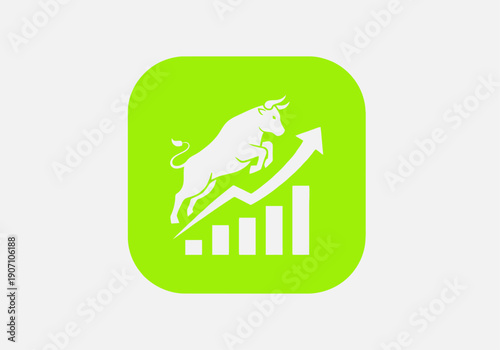 Simple flat vector app icon of bull market symbol, solid bull silhouette with upward chart arrow