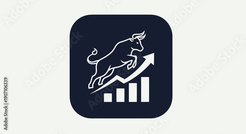 Simple flat vector app icon of bull market symbol, solid bull silhouette with upward chart arrow