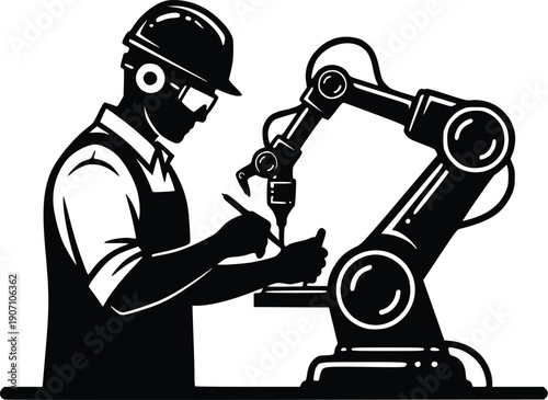 Robotics engineer working on robotic arm assembly silhouette