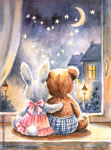 Watercolor illustration: A toy bear and a girl rabbit sit hugging on a windowsill and look at the starry sky. This print is perfect for a postcard, poster, or other holiday designs.