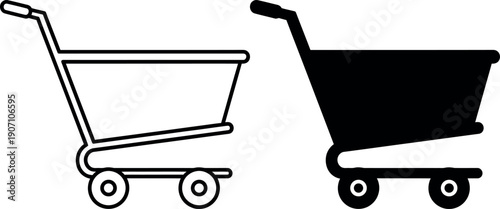 Shopping cart outline and solid black trolley supermarket cart