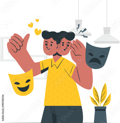 A person holding comedy and tragedy masks with thumbs up in a bright indoor setting with a plant nearby.