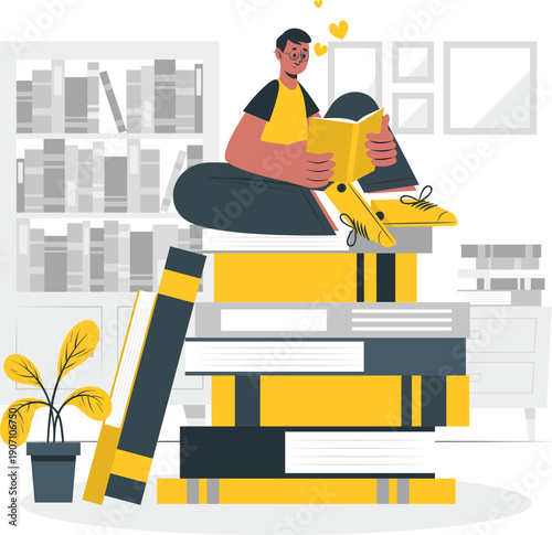 A man sits on a stack of books reading in a cozy library environment from a relaxed viewpoint