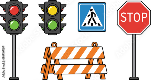 Traffic Light and Road Sign Collection with Stop Sign and Barrier Flat Vector Illustration Isolated on White Background