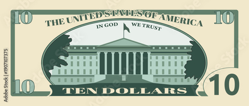 Ten dollars bill. Green cash money banknote