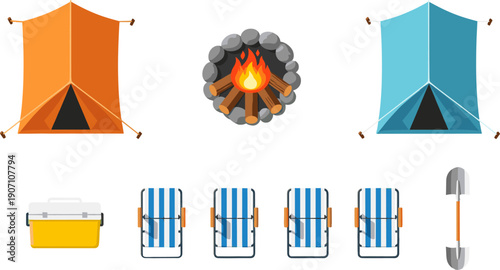 Camping equipment collection with orange and blue tents campfire cooler chairs and shovel in flat design,