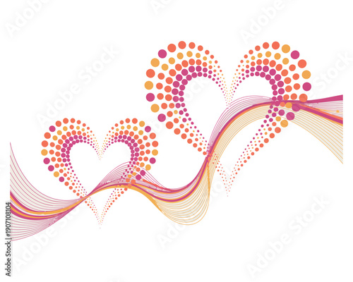 Dynamic abstract background graphic featuring three stylized hearts constructed from pointillism dots and intertwined with smooth flowing vibrant wavy lines vector illustration