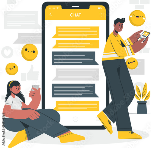 People interacting with mobile devices and chat interfaces in a modern setting viewed from a slight angle