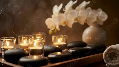 Serene spa scene with hot stones, candles, and orchids, creating a tranquil atmosphere for relaxation and wellness
