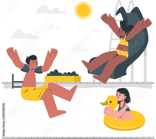 People enjoying a fun-filled day at the waterpark on a sunny day with inflatables and water slides