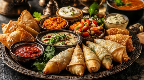 Assorted Indian appetizers and dips arranged on a platter