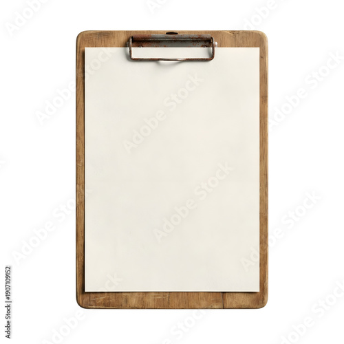 Wooden clipboard with blank white paper, isolated on transparent background
