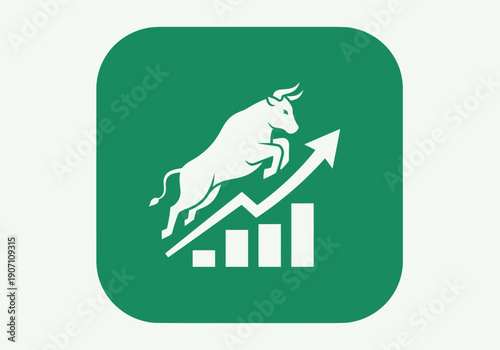 Simple flat vector app icon of bull market symbol, solid bull silhouette with upward chart arrow