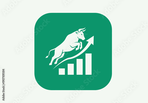 Simple flat vector app icon of bull market symbol, solid bull silhouette with upward chart arrow