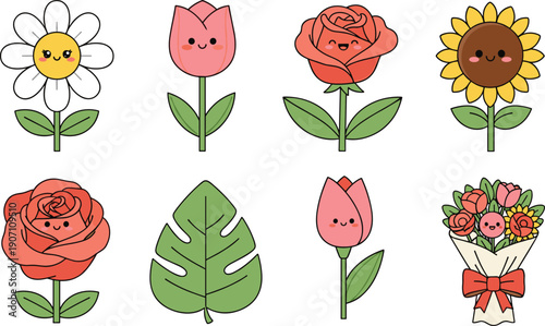 Cute kawaii flower collection vector illustration set, smiling rose tulip sunflower characters, cartoon floral elements