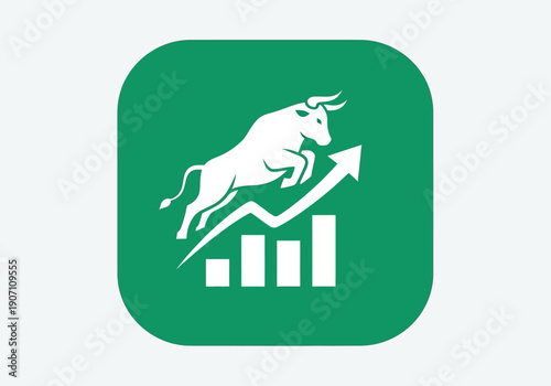 Simple flat vector app icon of bull market symbol, solid bull silhouette with upward chart arrow