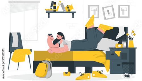 Young woman resting on bed surrounded by clutter taking selfie in a messy modern bedroom