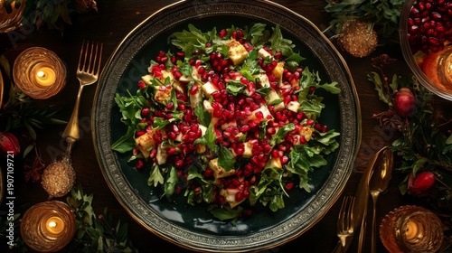 Festive Pomegranate And Feta Salad On A Dark Plate