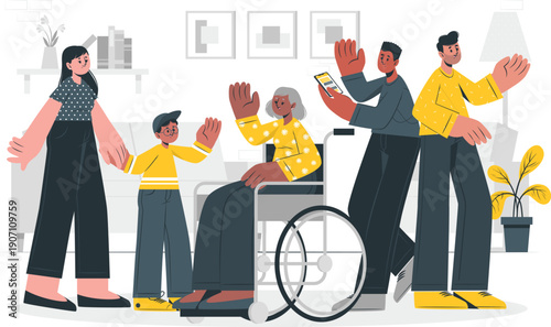 Family members greeting elderly person in a wheelchair at home with warm gestures and smiles