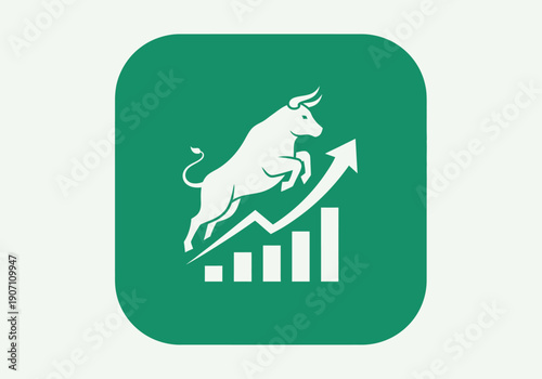 Simple flat vector app icon of bull market symbol, solid bull silhouette with upward chart arrow