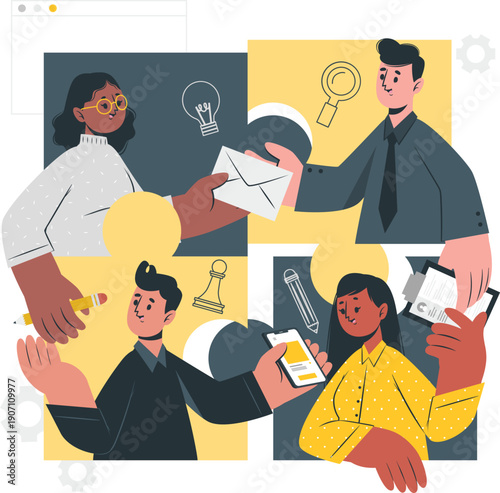 Diverse professionals collaborating and exchanging ideas in a modern office environment from various viewpoints