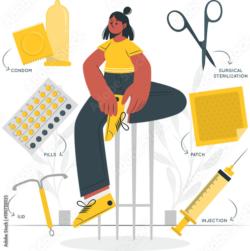 A woman surrounded by various contraceptive methods and medical tools in a clinical setting viewed from the side