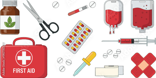 Medical first aid kit illustration, healthcare emergency equipment set, medicine tools collection, hospital treatment concept, health care supplies design