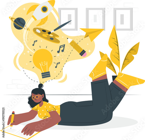 Creative woman lying on floor writing on paper surrounded by artistic symbols and ideas floating above her