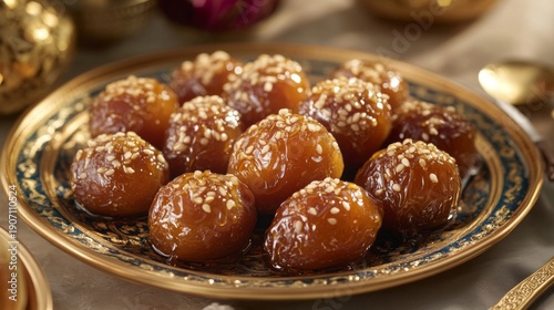 Golden Dates Covered in Sesame Seeds and Honey