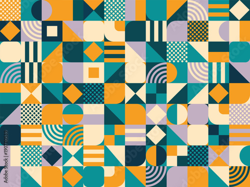 Seamless abstract geometric background in retro style with colorful shapes