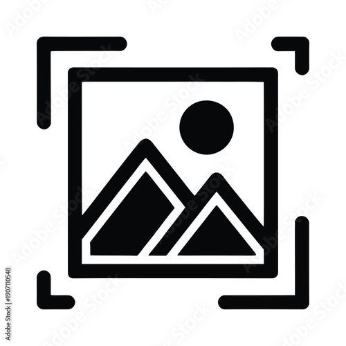 Black and white icon of a landscape photo with mountains and sun