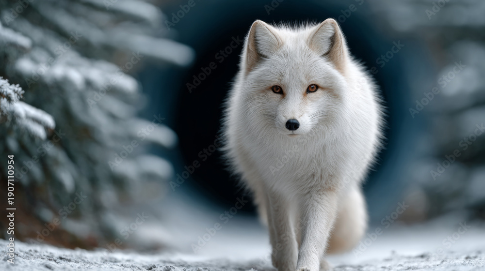 Obraz premium Majestic kitsune fox in snowy time portal winter scene